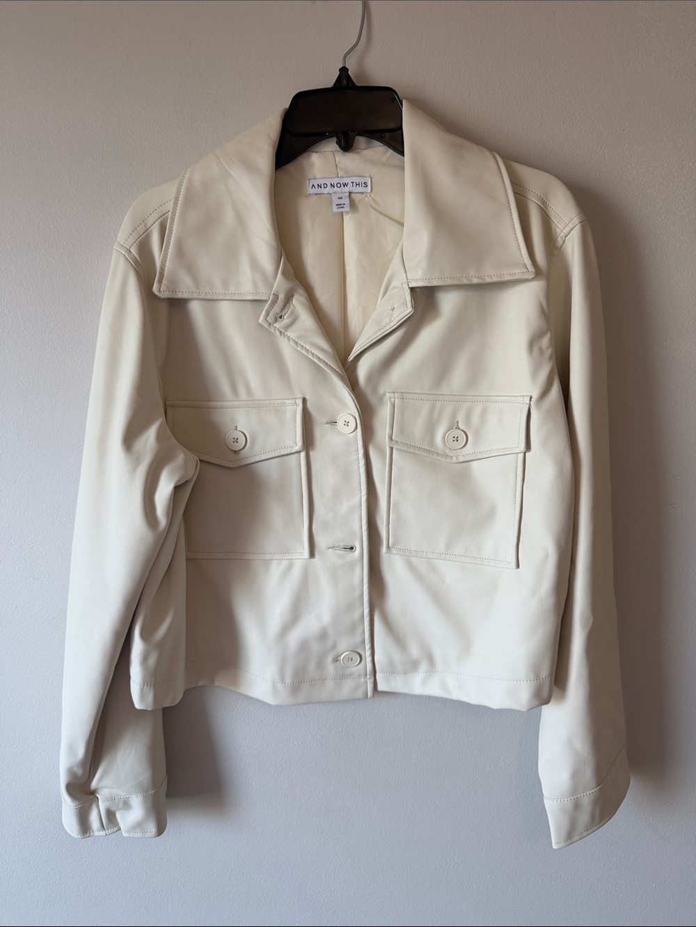 Cream Button-Front faux leather Utility Jacket